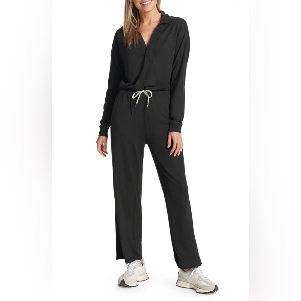Vuori Black Lux Intentions Knit Jumpsuit Drawstring Waist V Neck Long Sleeve